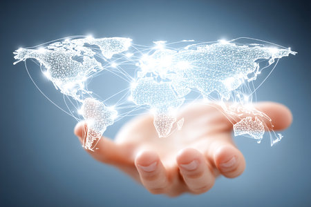 A team is working together to enhance global communication. They are using digital tools to connect and share ideas, strengthening their international partnership.の素材