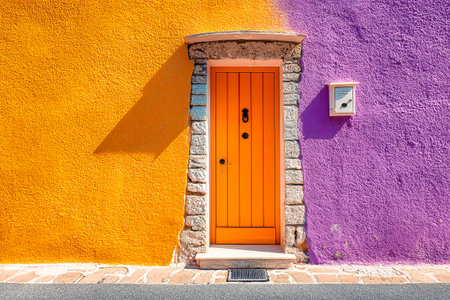 A vibrant orange door stands out against a rich purple wall. The entrance is framed with stone and the surrounding area is well-kept, showcasing lively colors.の素材