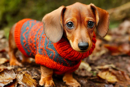 A small dog wearing a bright sweater walks through a forest path covered with fallen autumn leaves. The soft fur and playful eyes add to the charm of the scene.の素材