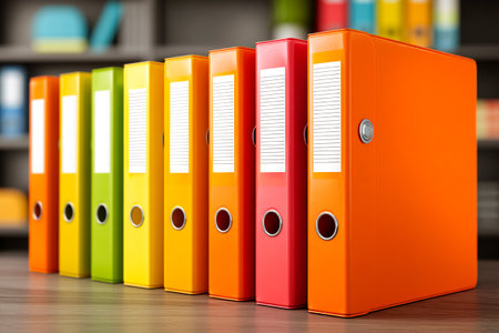 Brightly colored document binders are neatly lined up on a wooden table. The background shows a well-organized office shelf with books and supplies.の素材