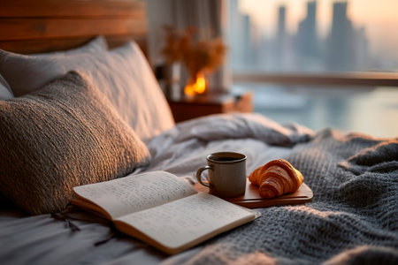 A person enjoys morning journaling with a warm cup of coffee and a fresh croissant. Sunlight streams through the window, creating a serene atmosphere in the bedroom.の素材