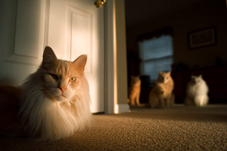 Four cats relax in a warm sunspot within a cozy room, basking in the sunlight while enjoying the comfort of the soft carpet beneath them.の素材