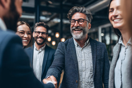 In a well-lit office, professionals smile and shake hands after successfully closing a deal, marking a positive collaboration and mutual agreement.の素材