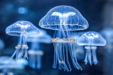 Colorful jellyfish drift in clear water illuminated by blue lights, showcasing their delicate tentacles and ethereal beauty, creating a peaceful underwater scene.の素材