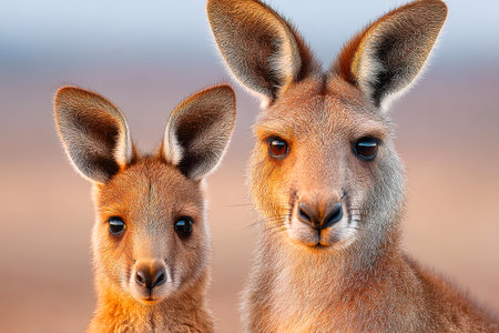 A kangaroo stands close to its joey in a picturesque Australian landscape at dusk, showing their gentle features and warm fur under the evening light.の素材