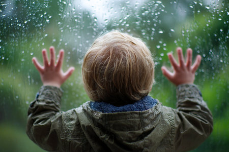 A young child stands by the window, touching the glass with both hands while observing the rain falling outside. The scene captures a moment of curiosity and wonder.の素材