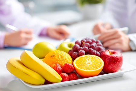 Two people are discussing a meal plan while sitting at a table with a vibrant assortment of fresh fruits, including bananas, grapes, and strawberries.の素材