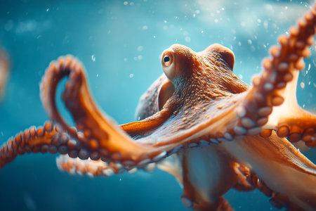 An octopus gracefully spreads its arms underwater, showing its colorful body against a bright blue background of the ocean. The scene captures marine beauty.の素材
