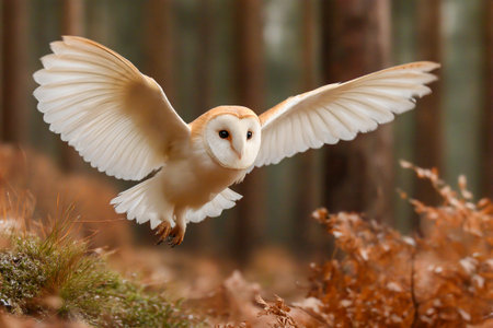 A barn owl soars gracefully above a vibrant forest, its wings fully extended as it hunts for food among the trees and foliage below.の素材