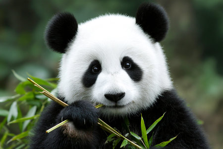 A panda peacefully eats bamboo, surrounded by vibrant greenery. Its soft expression reflects contentment in this natural habitat during daylight.の素材