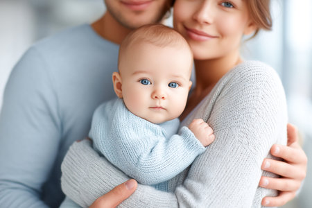 Young parents smile as they hold their baby between them in a warm and inviting indoor space filled with sunlight and happiness.の素材