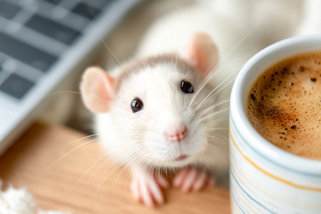 A curious rat investigates a desk, closely examining a laptop and a warm cup of coffee, adding a playful touch to the workspace scene.の素材