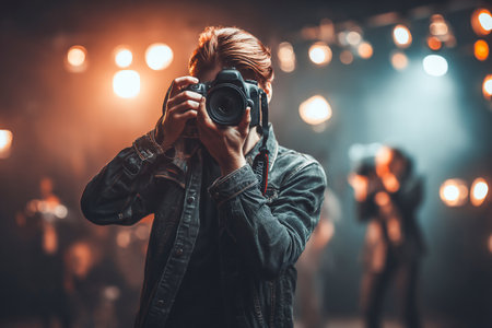 A young photographer takes a portrait using a DSLR in a lively studio filled with bright lights and other photographers. The atmosphere is energetic and creative.の素材