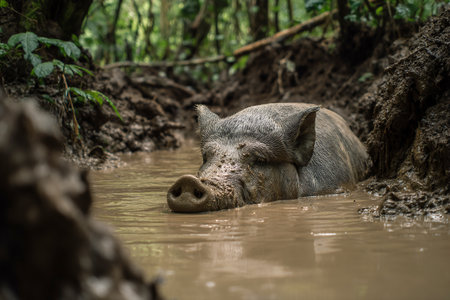 A pig relaxes in muddy water, covered in mud, while surrounded by lush greenery in a forest. The warm afternoon sun creates a peaceful setting for the animal.の素材