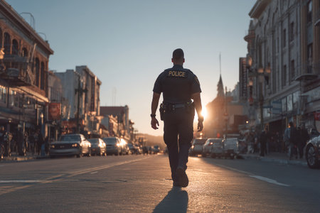 A police officer walks through a busy urban street as the sun sets, casting warm light on buildings and people. The scene captures a moment of safety and community.の素材