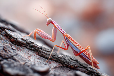 Bright mantis moves slowly along rough tree bark, showing its unique colors and patterns in a serene outdoor environment during daylight.の素材