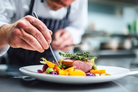 A skilled chef meticulously plates a gourmet dish featuring colorful vegetables and ingredients, showcasing culinary artistry in a modern stainless kitchen.の素材