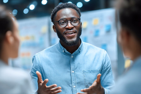 A manager engages with team members during an agile discussion in a modern office setting. The atmosphere is open and collaborative, promoting teamwork and creativity.の素材
