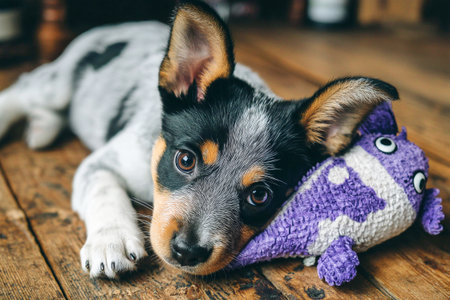 A playful puppy rests on a wooden floor while chewing on a colorful toy. The candid moment captures the puppy's adorable features and vibrant surroundings.の素材