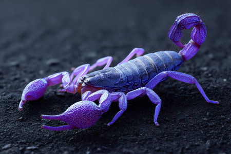 A scorpion displays brilliant colors when illuminated by UV light. The scene captures its striking features and vibrant hues in a dark setting.の素材
