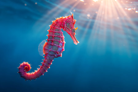 A vibrant seahorse drifts gracefully underwater, illuminated by soft rays of light from the surface. The serene deep blue setting enhances the beauty of this unique creature.の素材