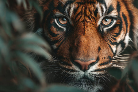 A tiger peers through dense jungle foliage, its striking eyes reflecting the vibrant colors of the surroundings. The scene captures the beauty and intensity of wildlife.の素材