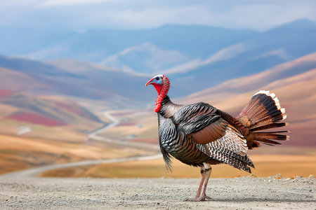 A turkey wild walks confidently in an open field with soft hills in the background. The sky is cloudy, creating a calm atmosphere around the scene.の素材