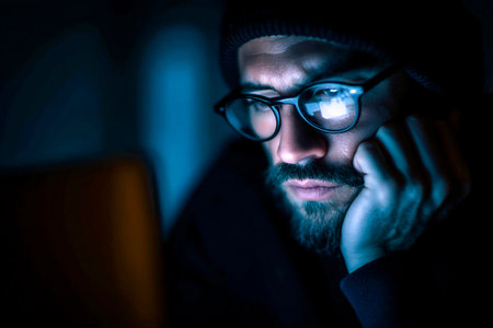 Focused developer sits in a dark room, illuminated by laptop light while working late. The atmosphere is quiet, highlighting concentration and dedication.の素材