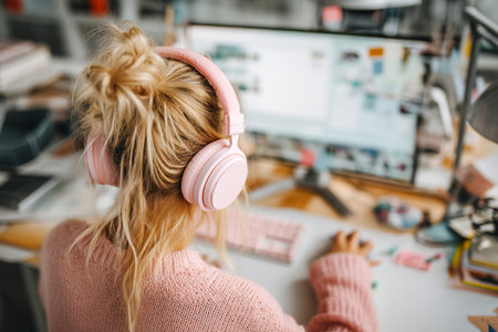 A person is engaged in an online course while wearing pink headphones. The study area is cozy, featuring a computer, keyboard, and various study materials.の素材