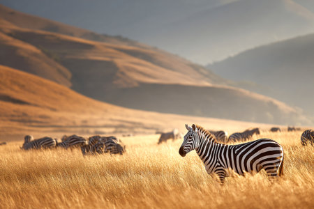 A group of zebras peacefully grazes in a golden field, surrounded by rolling hills under warm afternoon sunlight, creating a serene and calm atmosphere.の素材