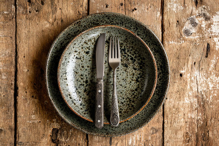 A rustic kitchen setting features a ceramic plate with a knife and fork placed neatly on it, surrounded by the warm tones of the wooden table.の素材