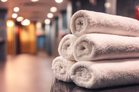 Soft white towels are stacked neatly in a calm spa interior, creating a soothing atmosphere ideal for relaxation and wellness. The space is warm and inviting.の素材