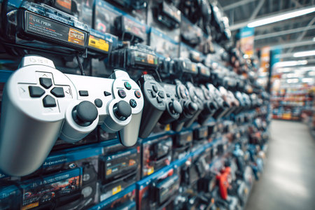 Shelves filled with various modern gadgets and gaming consoles showcase the latest technology available in a retail store for customers interested in tech.の素材