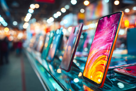 A variety of modern gadgets are showcased on a well-lit shelf in a tech store, attracting customers during a busy shopping time with vibrant colors.の素材