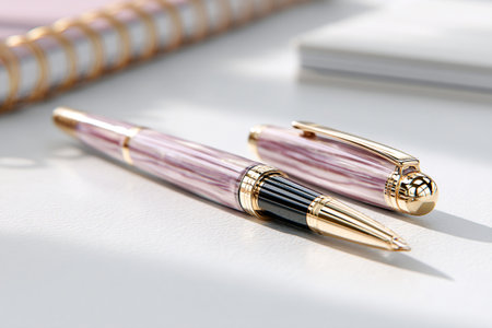 A beautiful notebook rests on a light desk along with a stylish pen. The items create an inviting atmosphere for writing and reflecting.の素材