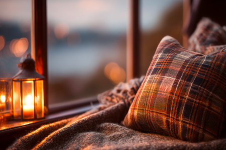 A cozy sofa decorated with blankets and pillows invites relaxation. Soft candlelight creates a warm atmosphere as evening light fades outside.の素材