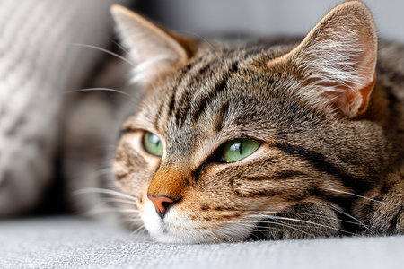 A relaxed cat with green eyes rests on a couch, surrounded by a cozy home interior, creating a serene and comfortable atmosphere in the room.の素材
