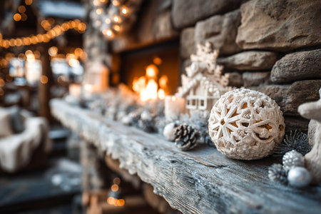 A beautifully decorated mantelpiece features festive ornaments, candles, and pinecones, enhancing the inviting holiday spirit in a rustic setting.の素材