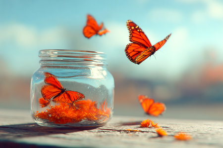 A group of vibrant orange butterflies flies out of a jar filled with orange petals, exploring the bright open space around them under a clear sky.の素材