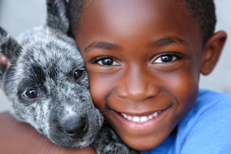 A young child beams with joy while tightly hugging a playful puppy in a bright outdoor space, enjoying a perfect day of companionship and laughter.の素材