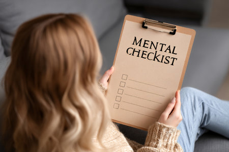 A woman is sitting on a couch, holding a clipboard with a mental health checklist. She seems focused, reflecting on her mental well-being in a cozy setting.の素材
