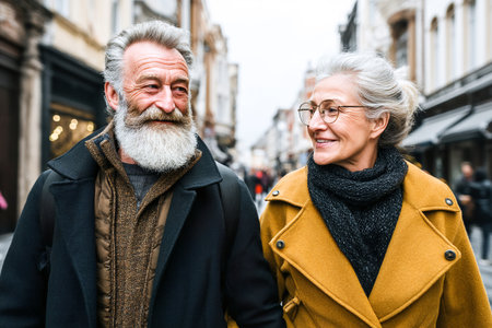 An elderly couple strolls hand in hand through a lively street, sharing smiles and moments of connection on a chilly day in the city.の素材