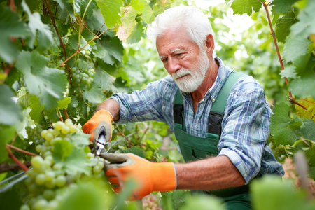 A skilled man prunes grape vines in a vineyard, focusing on the ripe clusters while surrounded by green leaves under the warm sunlight in early autumn.の素材