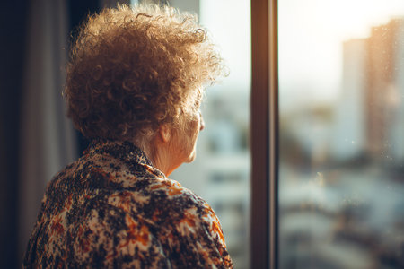 A woman with curly hair stands by a window, looking outside. The warm light of the setting sun casts a nostalgic glow, evoking memories and reflection.の素材