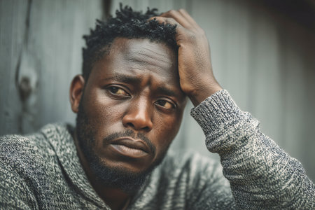 A man sits alone with a troubled expression, staring blankly as he reflects on his feelings. His hand rests on his forehead, conveying a sense of inner turmoil.の素材