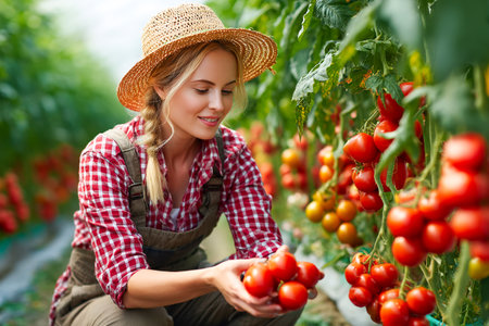 In a sunny greenhouse, a female farmer checks the quality of ripe tomatoes while wearing a straw hat. Bright green plants surround her, creating a vibrant scene.の素材