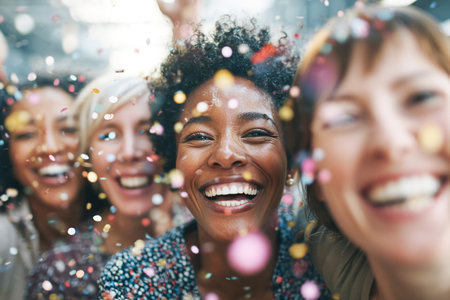 A group of friends enjoys a moment of happiness, smiling and laughing as colorful confetti falls around them during a cheerful celebration in a vibrant setting.の素材
