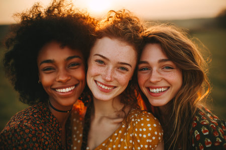 Three friends hug closely, sharing joyful smiles as the sun sets behind them. Their laughter and warmth reflect a moment of true happiness and friendship.の素材