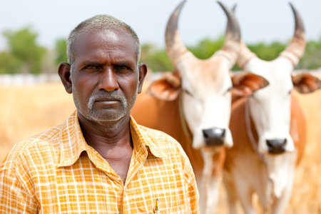 A farmer stands confidently with his oxen on a traditional farm, surrounded by fields and trees on a sunny day in the countryside.の素材