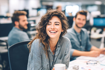 Group of coworkers take a coffee break, sharing smiles and laughter in a modern office setting. The atmosphere is friendly and relaxed, fostering teamwork and connection.の素材
